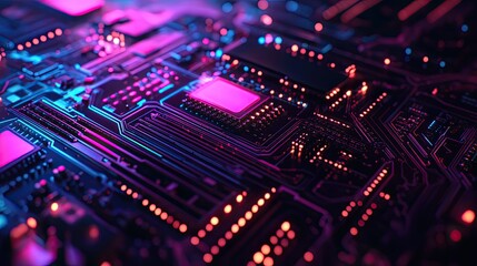 Vibrant Close-Up of a Modern Circuit Board with Glowing Neon Lights in Blue and Pink Hues