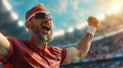 Ultra clear image capturing athletes' raw emotion and joy after a hard-fought win in a stadium setting, perfect for sports and victory themes.