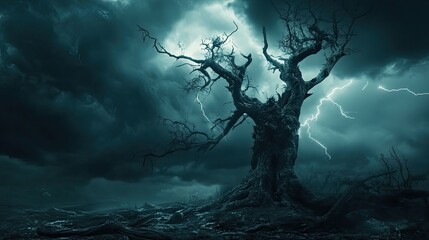 Dramatic Lightning Strikes Behind a Gnarled Tree in a Dark and Stormy Landscape