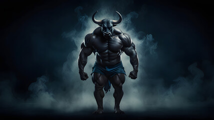 Fototapeta premium Muscular Angry Bull Bodybuilder Against a Dark Background with Blue Smoke