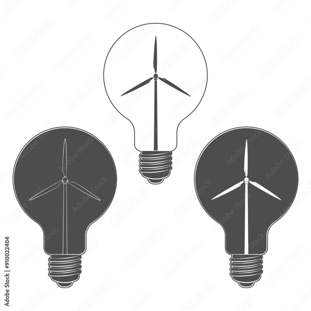 Poster set of black and white illustrations light bulb with wind turbine, windmill. isolated vector objects