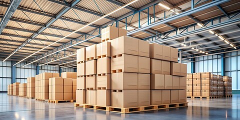 Kartons stacked in a warehouse , cardboard boxes, packaging, storage, inventory, logistics, distribution, cardboard