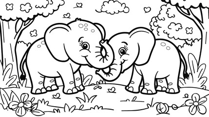 A black and white coloring page illustration of two elephants playing together in a forest with flowers, trees, and clouds in the background.