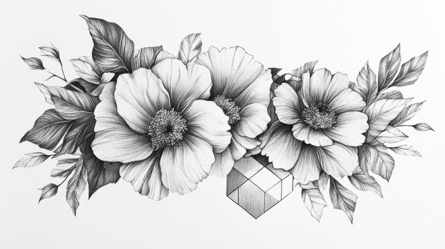 Hand-Drawn Floral Bouquet with Geometric Cube Pattern Illustration |  Download
