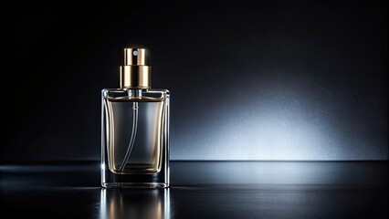 Minimalist perfume bottle in front of a pitch-black background, feminine, sleek, essence, contrast, bold, black, canvas, fragrance