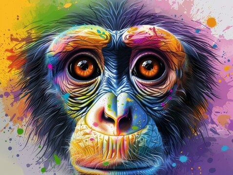 Colorful Curiosity: A chimpanzee's soulful gaze pierces through a vibrant explosion of color, blending realism with abstract art.