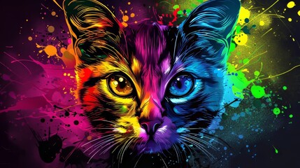 Colorful Cat Portrait: A vibrant, abstract portrait of a cat, rendered in a dazzling array of colors, capturing the animal's captivating gaze and personality. Perfect for adding a splash of playful en