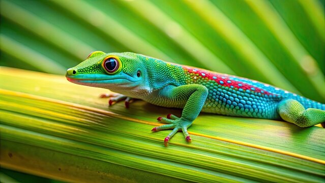 Turquoise green ornate day gecko resting on a palm tree leaf, gecko, day gecko, ornate gecko, turquoise, green, reptile