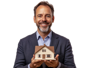 A cheerful man stands with a miniature house cradled in his hands, dressed in a smart blazer and shirt.