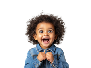 A cheerful young child with vibrant curly hair is smiling widely, showcasing an expression of pure joy. Dressed in a denim jacket, the child exudes happiness and innocence, creating a heartwarming atm