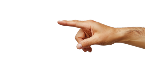 A close-up view of a hand pointing in a focused direction on isolated background