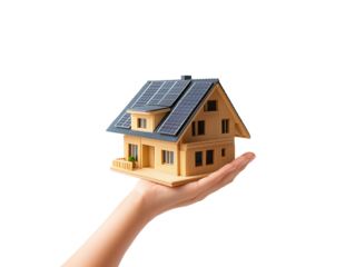 A hand holding a model house with solar panels in bright light