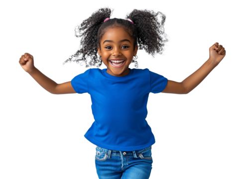 A cheerful young girl with curly hair enthusiastically jumps with her arms raised, wearing a bright blue shirt and denim jeans. Her joyful expression reflects pure happiness, creating an uplifting atm - Powered by Adobe