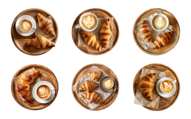 Collection of golden-brown croissants with a cup of latte coffee on a round wooden plate or tray isolated on a transparent background, top view, cut out, PNG