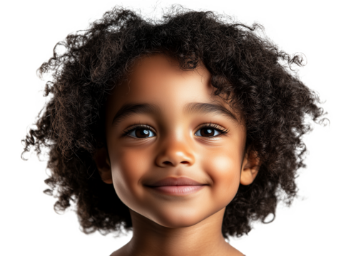 A young child with beautiful curly hair smiles warmly, showcasing a joyful expression.