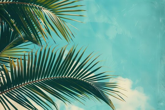 vintageinspired scene of palm fronds silhouetted against a vivid blue sky evoking retro tropical vibes and summer nostalgia