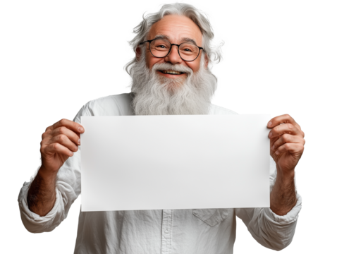 Cheerful elderly man smiling while holding blank paper in a bright studio setting - Powered by Adobe