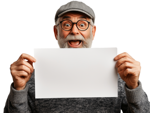 Enthusiastic elderly man holding blank paper while smiling