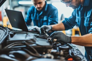 Two automotive technicians work diligently on a car engine in a modern repair shop. One technician uses a laptop for diagnostics, while the other focuses on manual adjustments