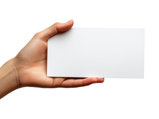 Hand holding a blank white card against a plain background in bright lighting