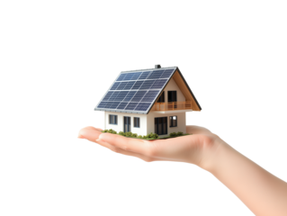 Hand holding a model house with solar panels in bright light environment