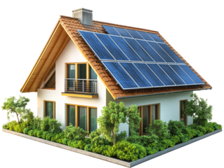 Modern eco-friendly house with solar panels surrounded by lush green plants during bright daylight