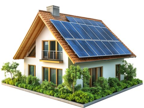 Modern eco-friendly house with solar panels surrounded by lush green plants during bright daylight