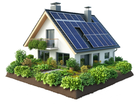 Modern eco-friendly home surrounded by lush greenery and solar panels