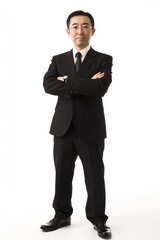 Obraz premium Elderly man in black suit with glasses arms crossed
