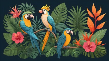 Graphic design with motifs of tropical birds and exotic plants
