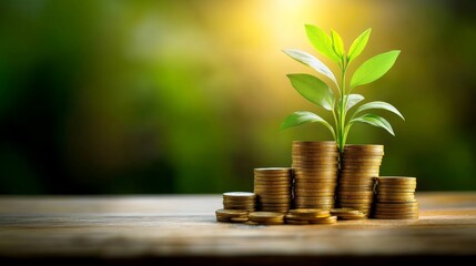 A small green plant sprouts from a stack of gold coins on a wooden table, symbolizing growth and financial success.