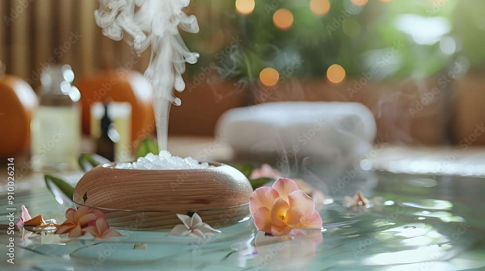 Poster aromatic mist from diffuser fills serene spa setting with essential oil concept