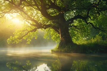 A massive tree stands gracefully by the edge of a calm lake, reflecting its vibrant greenery in the tranquil waters