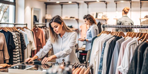 Fototapeta premium Women Browsing Clothing in Boutique. 
