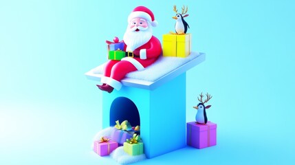 Santa Claus sits on a roof with reindeer and penguin, surrounded by colorful presents, against a blue background.