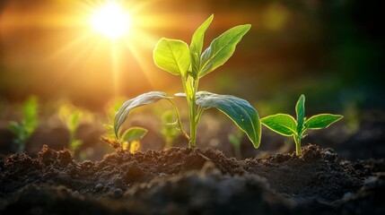 Young green plants growing in soil with warm sunlight.