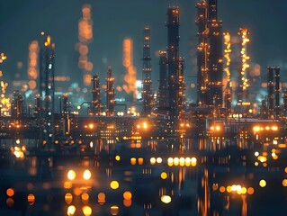 Illuminated Oil Refinery at Night with Intricate Network of Pipes and Structures