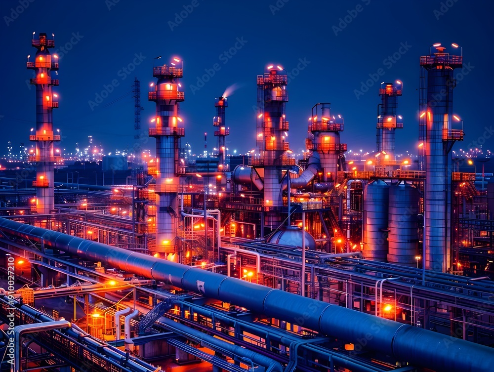 Poster illuminated oil refinery facility at night with complex web of pipelines and structures