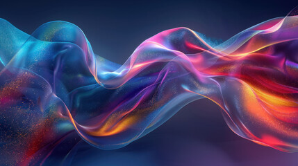 Technology background,  An eye-catching translucent abstract shape, emanating rainbow hues, hovers above a sleek surface, with dynamic tech holographic designs swirling around,
