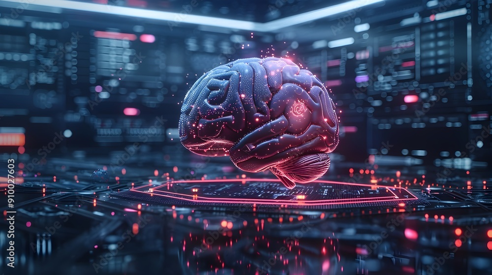 Poster futuristic brain with holographic displays showcasing augmented reality and information processing