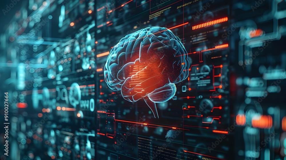 Aufkleber brain with holographic displays showcasing augmented reality and information processing
