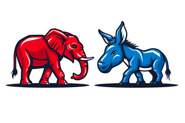 Fototapeta premium Cartoon red elephant and blue donkey facing each other on white background. Concepts of political parties, conflict, and election dynamics