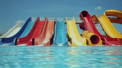 Colorful water slides cascade into a shimmering blue pool under a sunny sky, evoking the joy and excitement of a fun-filled day at the water park.
