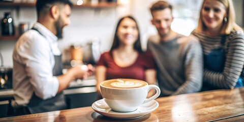 A warm and inviting coffee shop scene featuring a beautifully crafted latte in the foreground as baristas and customers engage in friendly conversations in the background. 