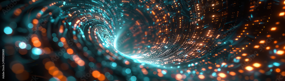 Poster technology background, set against a dark void, a luminous translucent iridescent form spirals elega