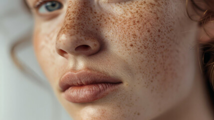 A close-up portrait of a young person showcasing their freckle-spotted face and contemplative expression, highlighting natural beauty and individuality.