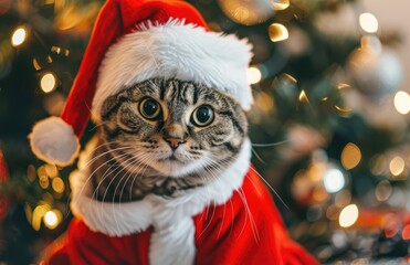 Close up photo of a cute tabby cat wearing Santa Claus costume against a blurry bokeh christmas...