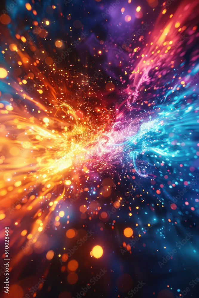 Aufkleber versus background, two vibrant neon energy streams collide in a dynamic burst of color against a dar