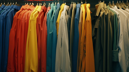 A colorful array of shirts neatly hung in a closet, showcasing a vibrant and organized fashion collection.