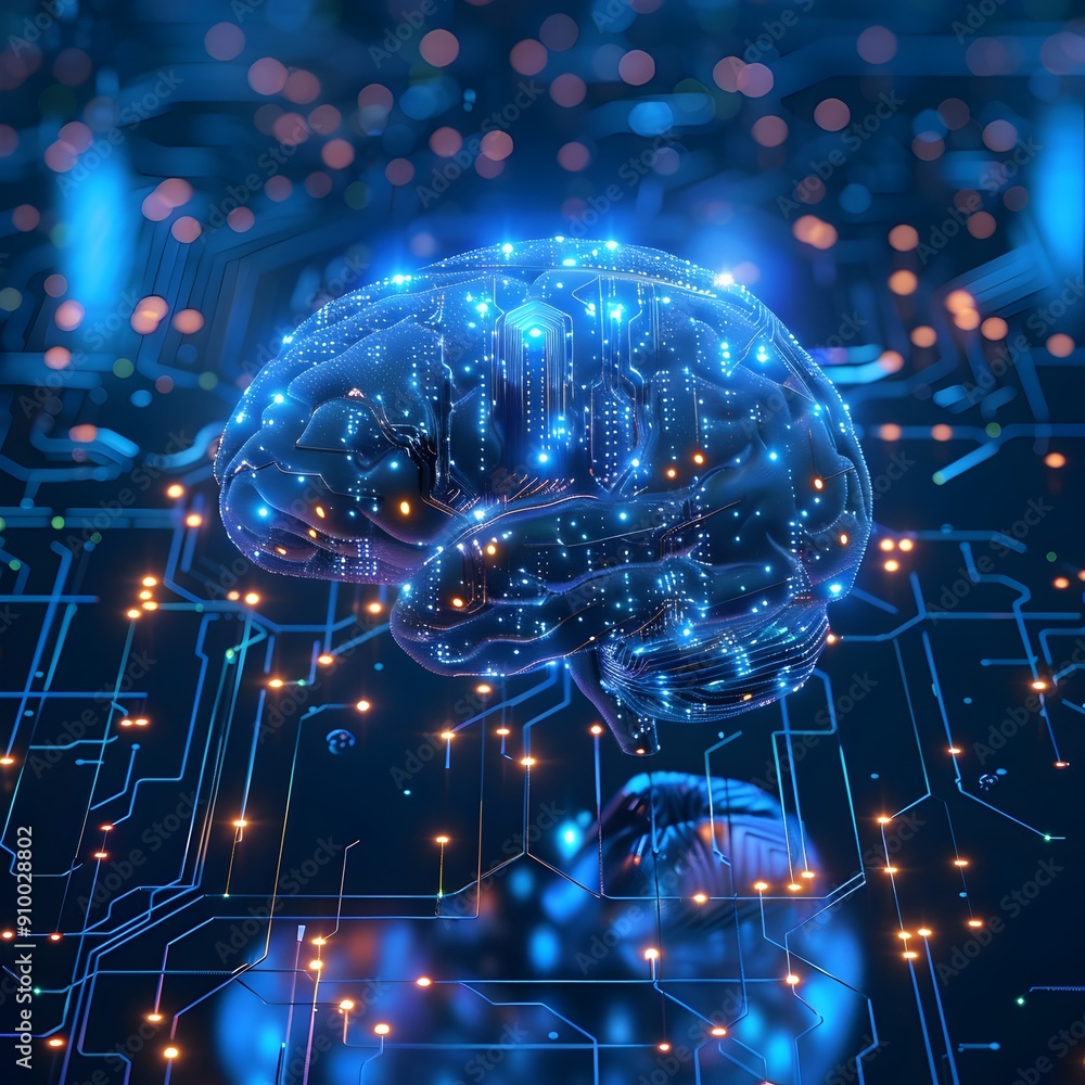 Poster brain with a circuit board design symbolizing digital thinking and intelligence concept